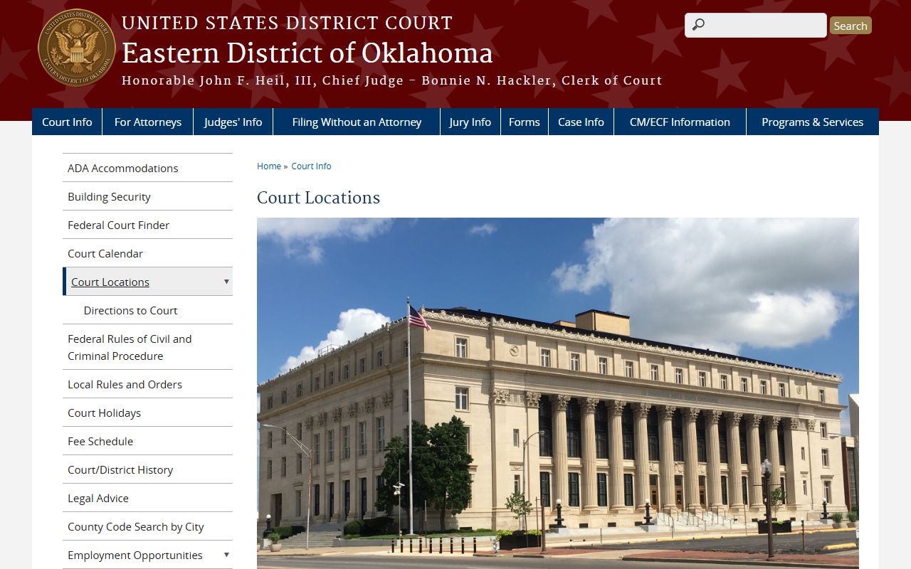 Eastern District court locations contrasted with the Pushmataha County Court Clerk office