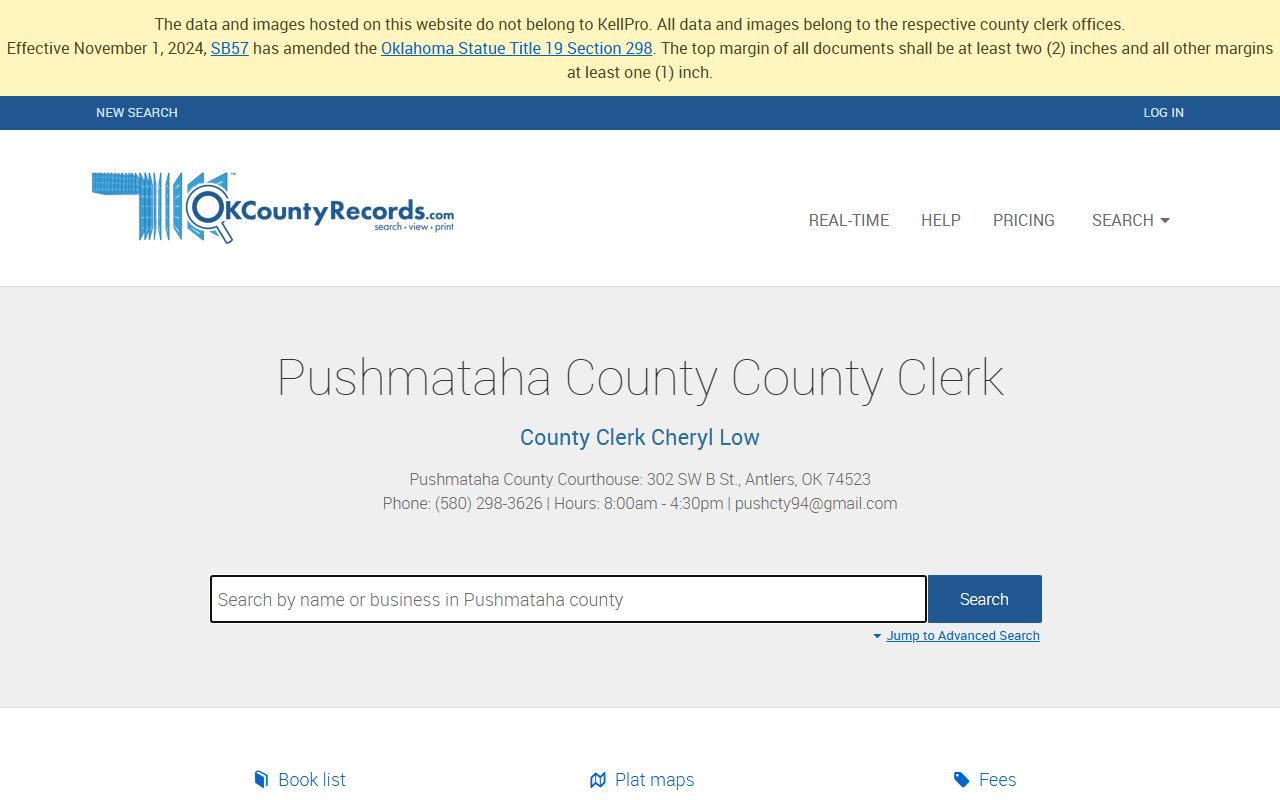 Pushmataha County Clerk land records search portal for deeds and recorded documents