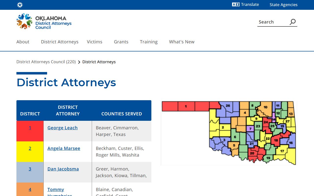 Oklahoma District Attorneys Council list showing the office that files Pushmataha County arrest records and court charges