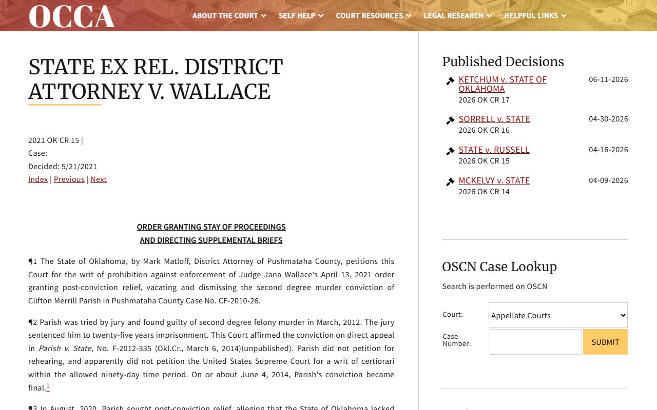 Oklahoma Court of Criminal Appeals page for a Pushmataha County court records appeal