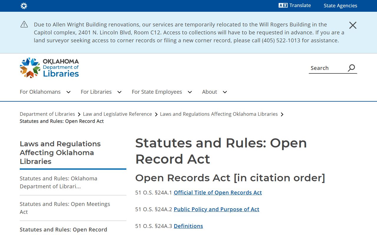 Oklahoma Open Records Act reference page governing Pushmataha County court records access