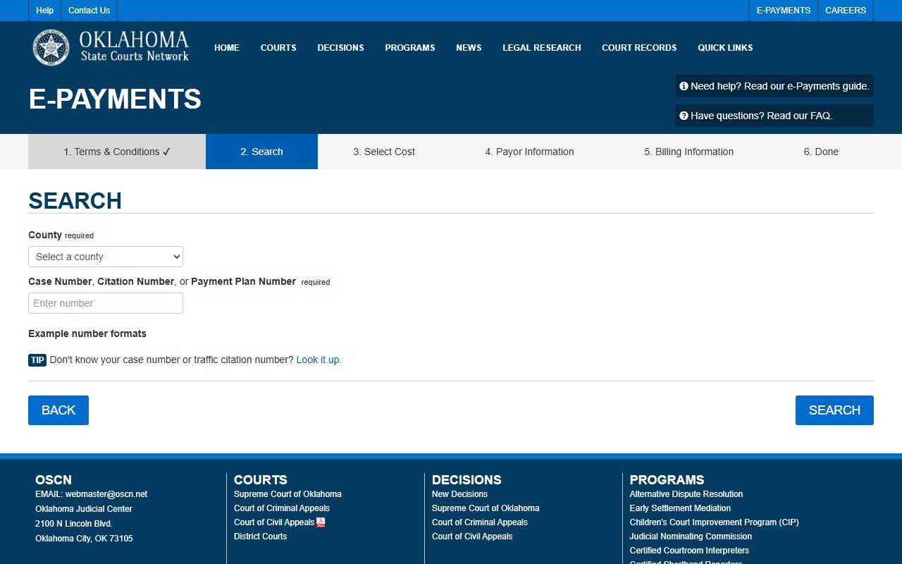 OSCN e-Payments search screen for Pushmataha County court records balances
