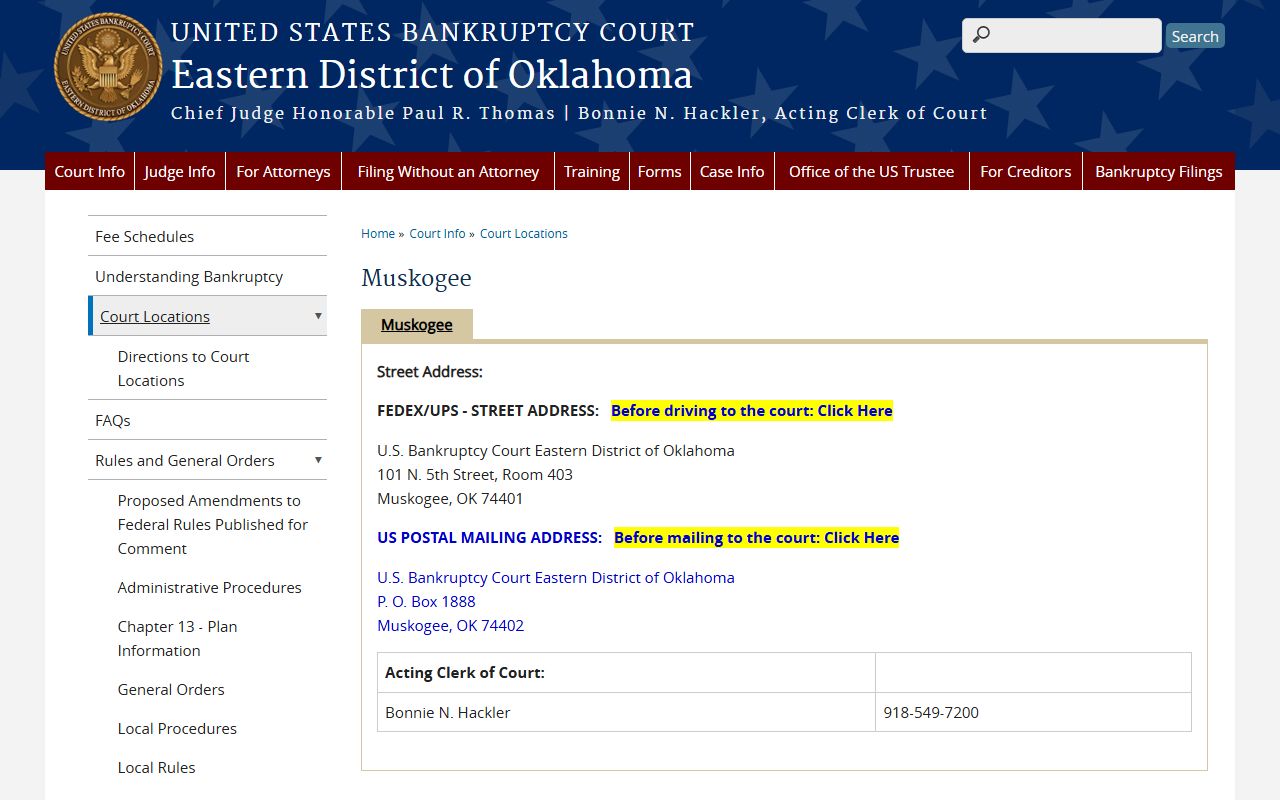 Eastern District of Oklahoma bankruptcy court Muskogee location page, the federal venue for Pushmataha County bankruptcy cases