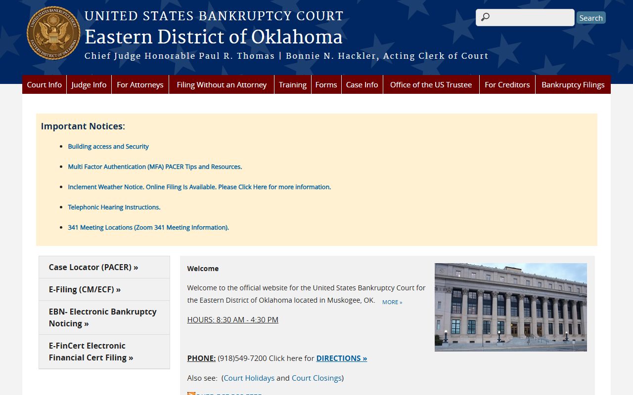 U.S. Bankruptcy Court homepage for the Eastern District of Oklahoma serving Pushmataha County, a federal court separate from the county District Court