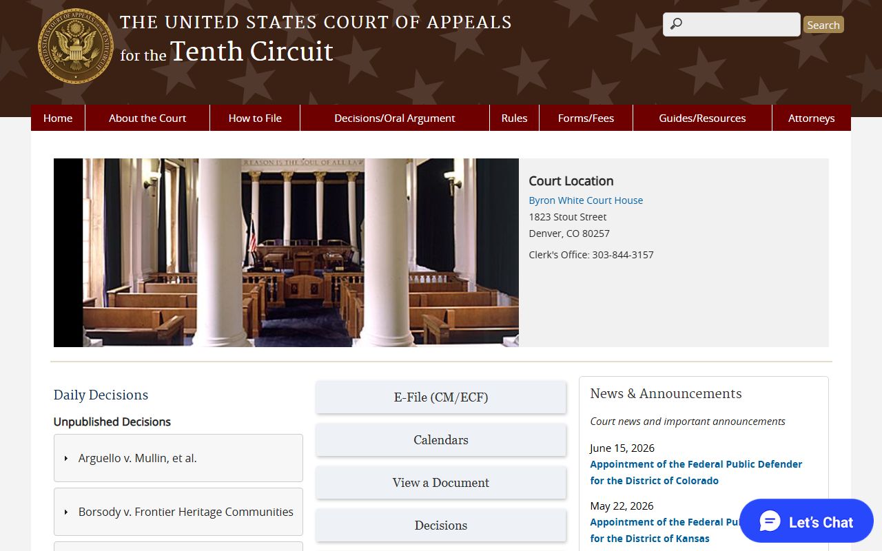 U.S. Court of Appeals for the Tenth Circuit homepage, the federal appeals court that hears Pushmataha County cases from the Eastern District court