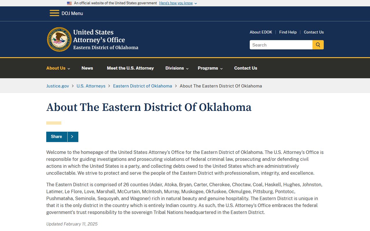U.S. Attorney Eastern District of Oklahoma contact page linked from Pushmataha County marriage and divorce records