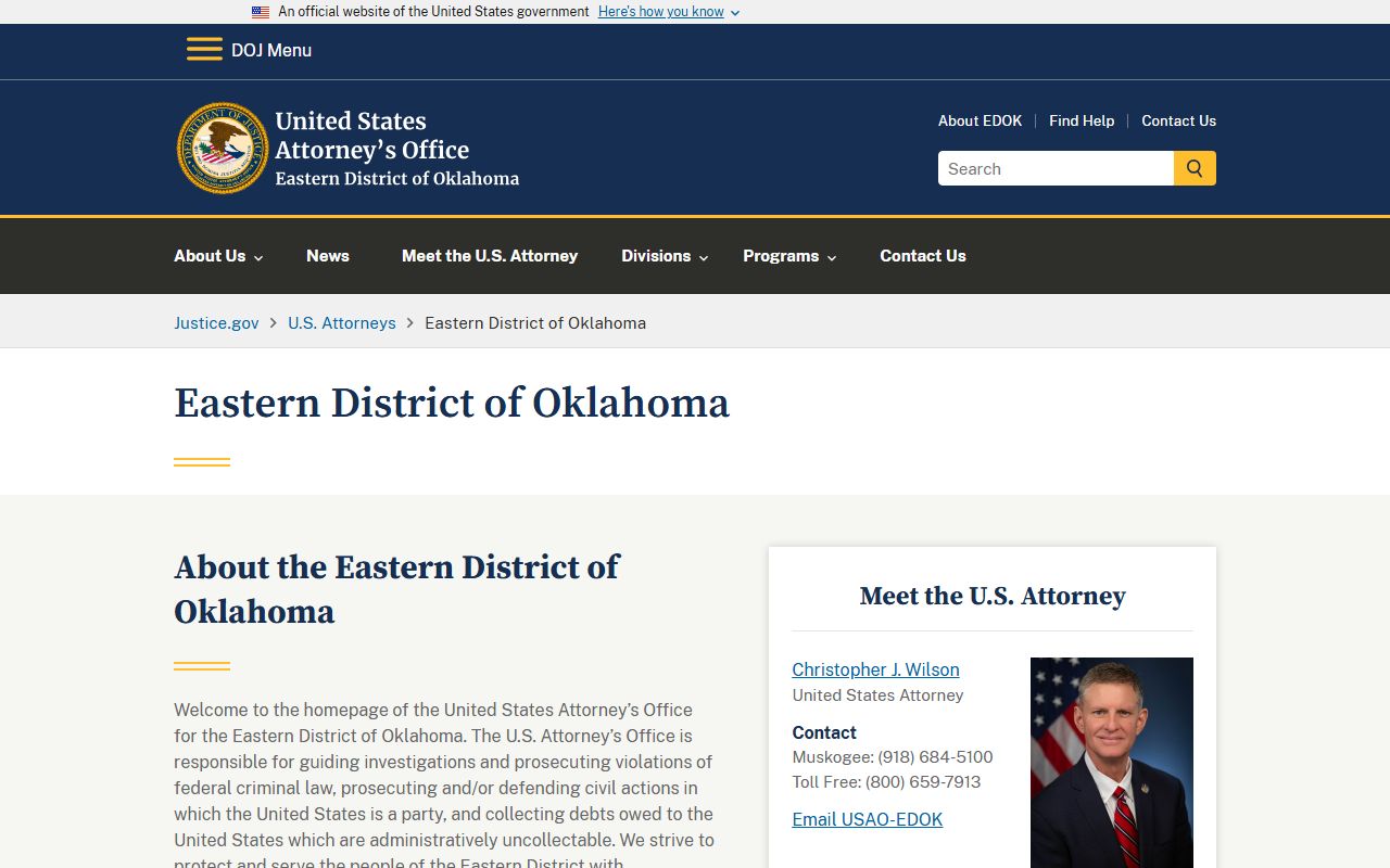 U.S. Attorney Eastern District of Oklahoma homepage near Pushmataha County marriage and divorce records
