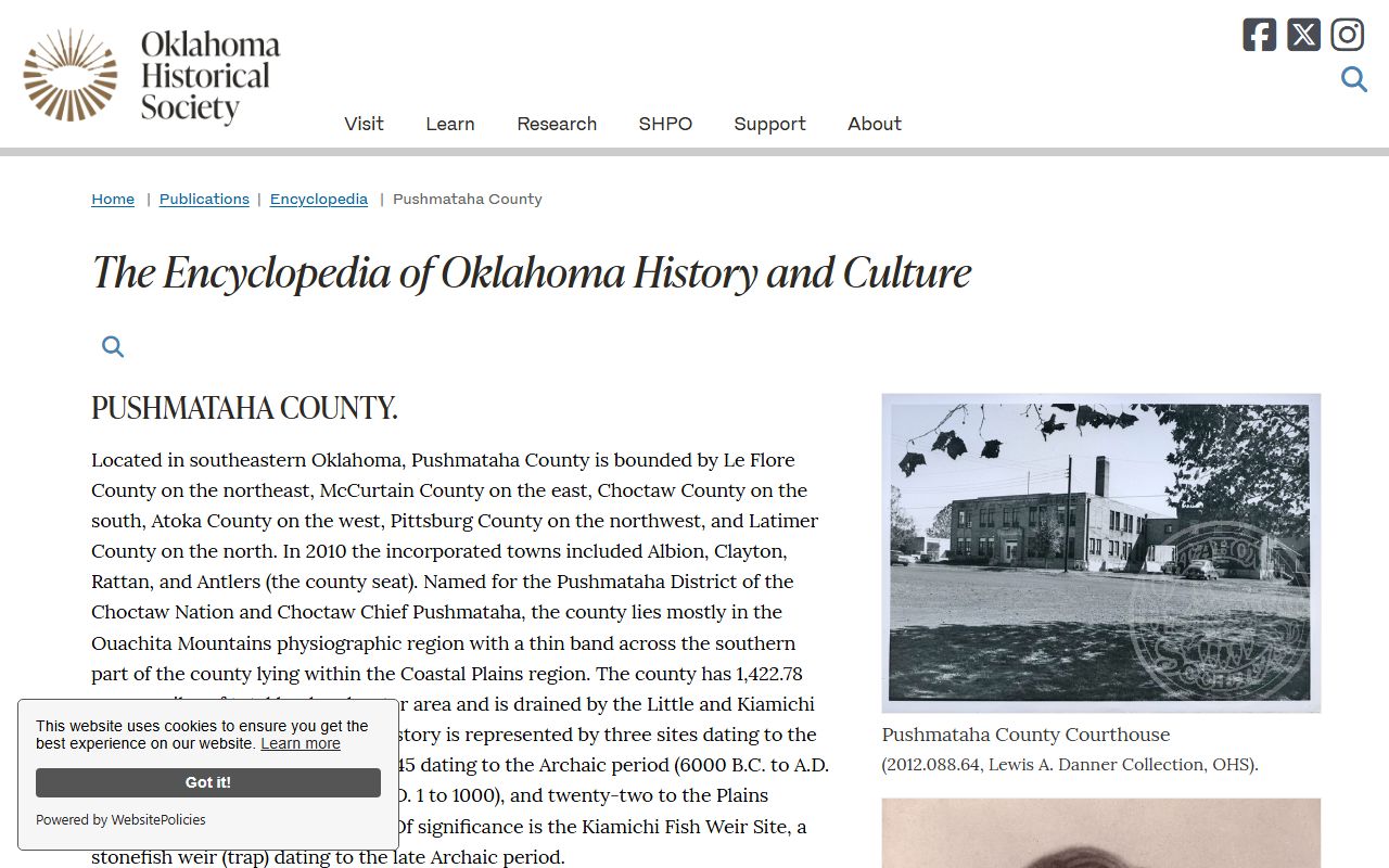 Pushmataha County court records history in the Oklahoma Historical Society entry