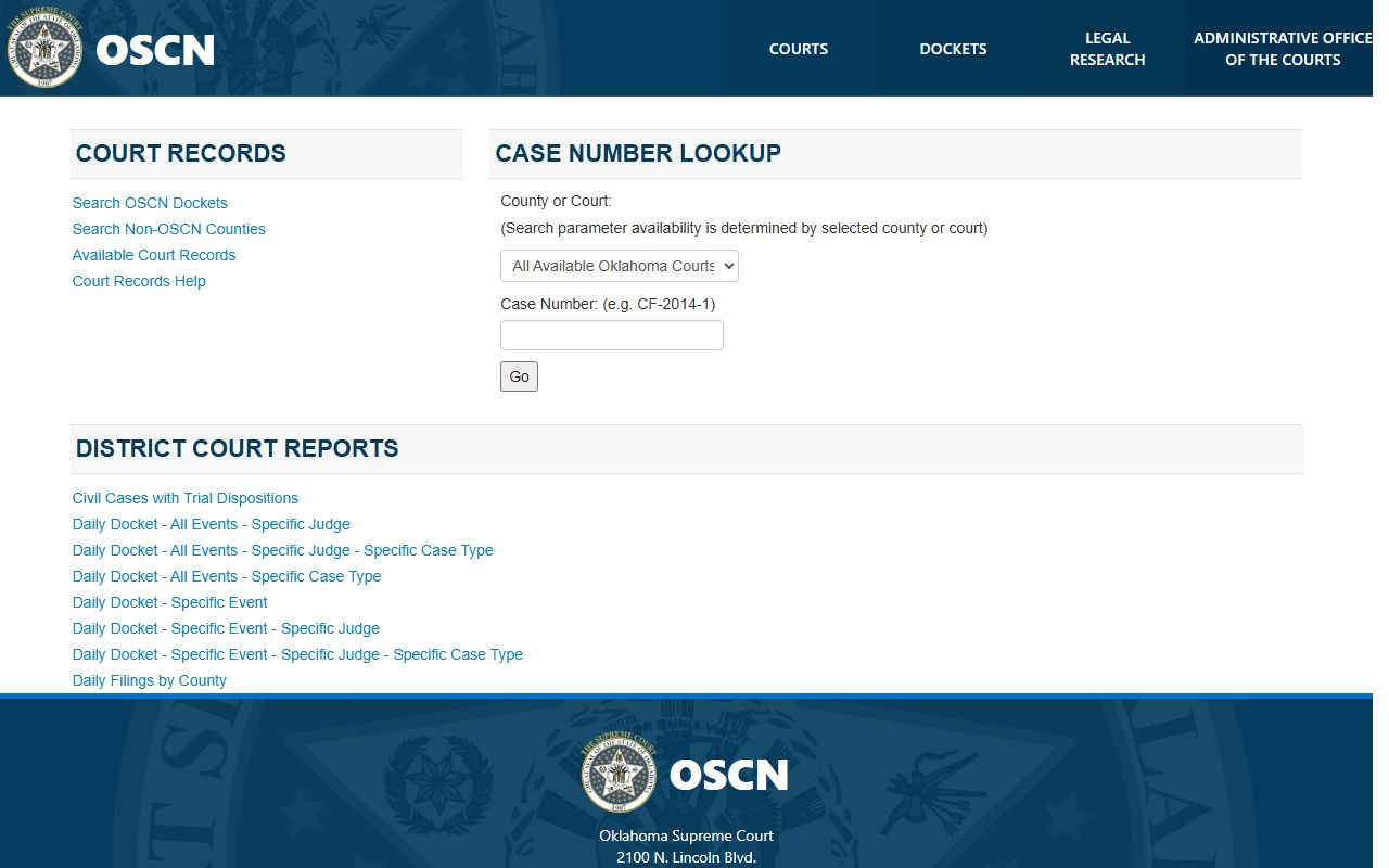 Pushmataha County court records search on the OSCN docket landing page
