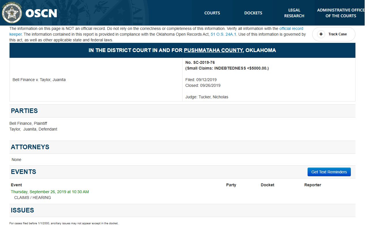 Pushmataha County court records sample case page on OSCN
